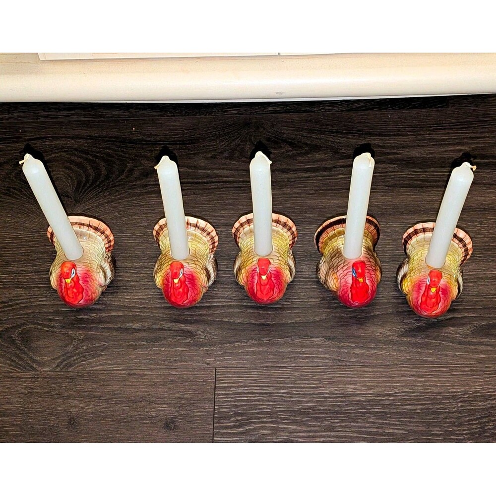 Vintage Turkey Taper Candle Holders Set of 5 Painted/Thanksgiving Tablescape
